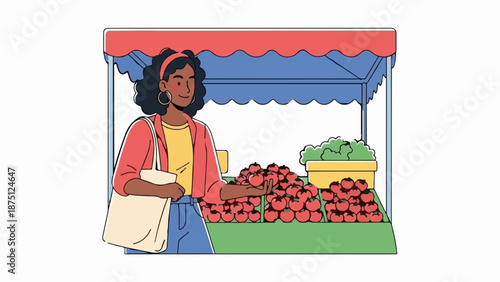 Woman at a market stall selects ripe red tomatoes from a bountiful display
