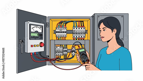 Woman checks electrical panel with multimeter, wires, breakers, and gauge visible