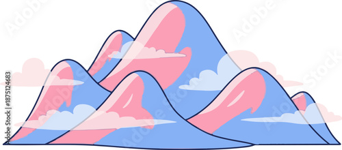 Whimsical mountain range with soft pink and blue hues, dotted with fluffy clouds