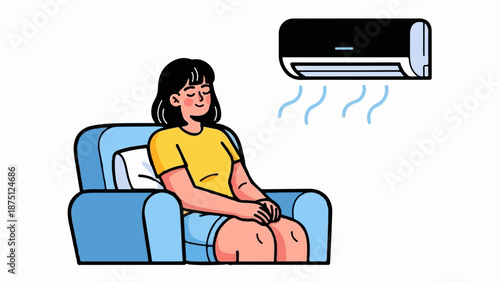 Woman enjoying cool air from an air conditioner while relaxing in a chair