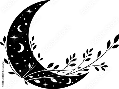 Crescent Moon and Growing Plant Vector Illustration