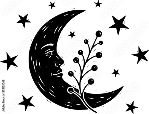 Crescent Moon and Growing Plant Vector Illustration