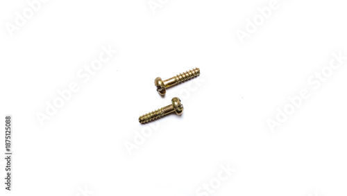High-angle shot of two small golden-colored brass screws placed together on a solid white surface.
