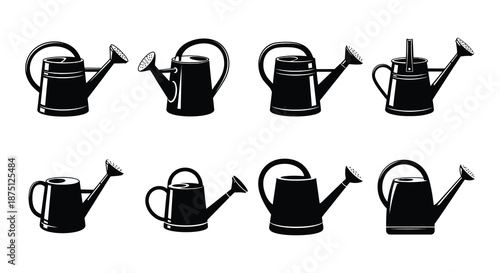 A set of black and white watering cans in various positions