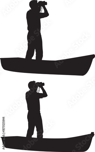 Silhouette of man with binocular in row boat set