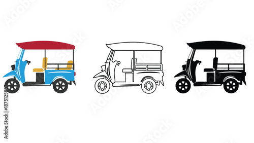 Three different colored tuk tuks on a white background in various styles