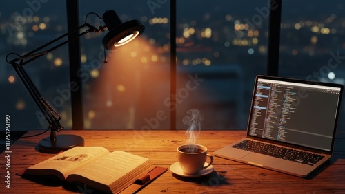 Late night coding session with coffee and book on wooden desk