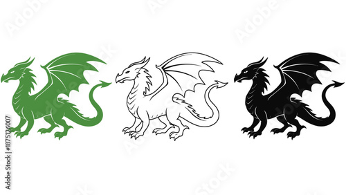 Three dragons in different colors and styles on a white background