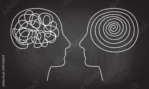 Mental health concept showing tangled brain lines transforming into order. Stress therapy illustration with chaotic scribbles becoming untangled through mentorship and psychological support.