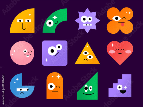 Vibrant Grainy Texture Geometric Shape Faces Character Set