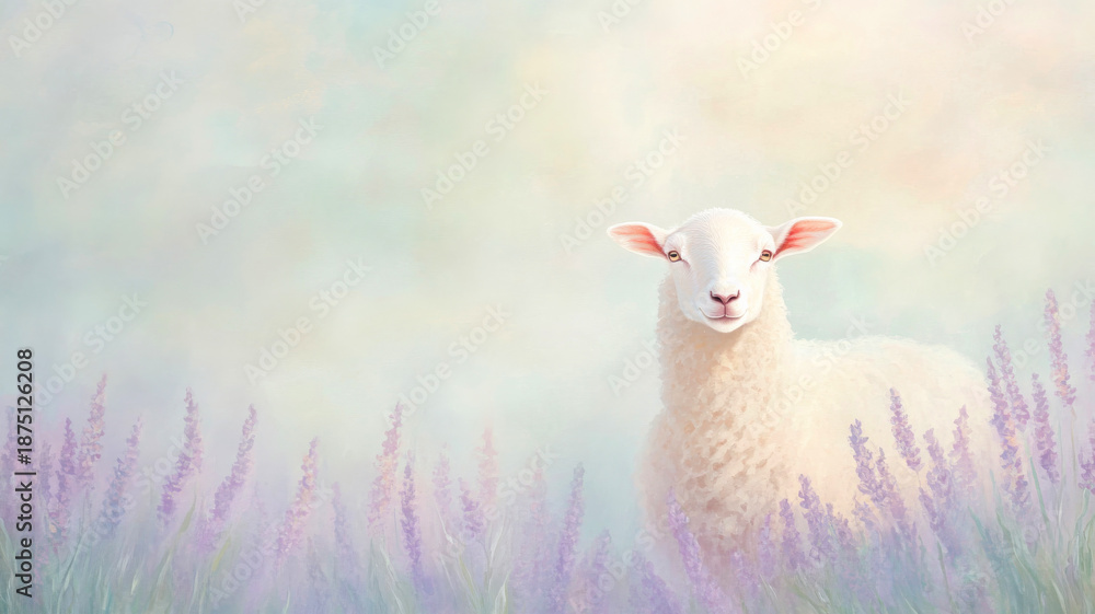 Obraz premium Dreamy pastoral scene of sheep in lavender field watercolor painting