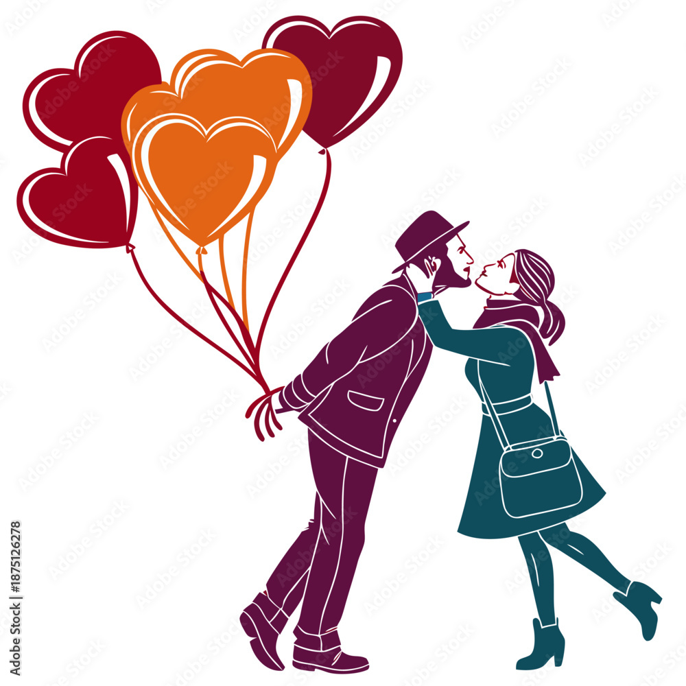 Obraz premium Stylish couple sharing a tender moment about to kiss while holding a vibrant bunch of romantic heart shaped balloons illustration design