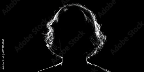 The silhouette of a backlit person with wavy hair against a black background