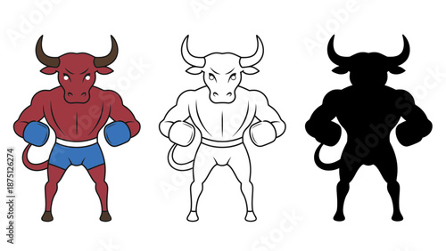 A muscular bull in different boxing poses and colored variations.