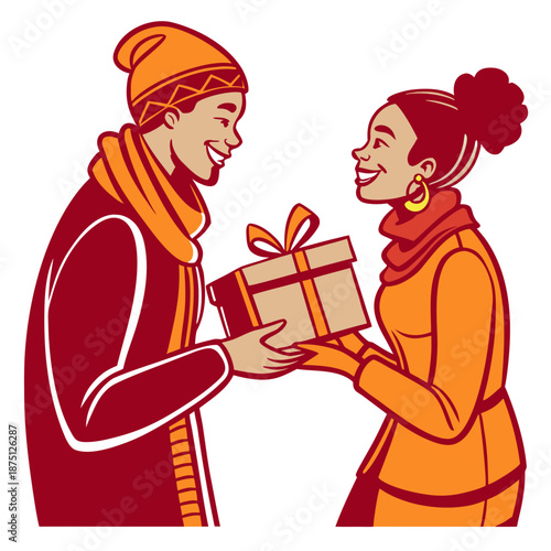 Smiling couple dressed in warm winter attire exchanging a beautifully wrapped present during a festive holiday celebration or special occasion