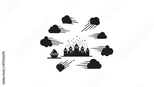 Group of people standing together surrounded by rain clouds and falling objects from a distant viewpoint