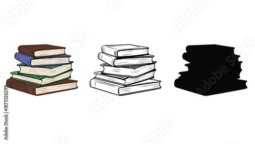 An illustration of three stacks of books in different colors and styles