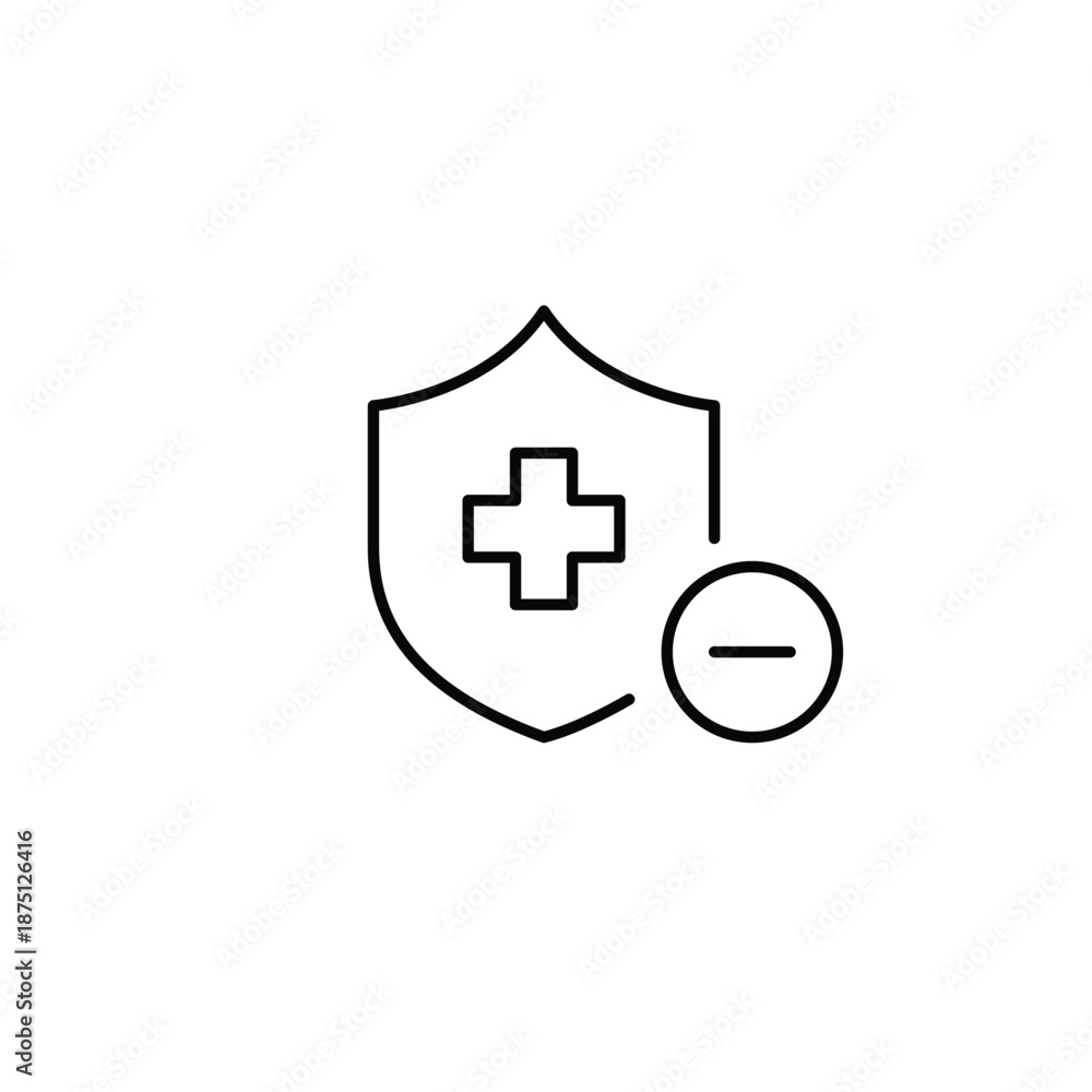 Obraz premium Health insurance shield and minus. Policy ended, protection not renewed. Pixel perfect, editable stroke vector icon
