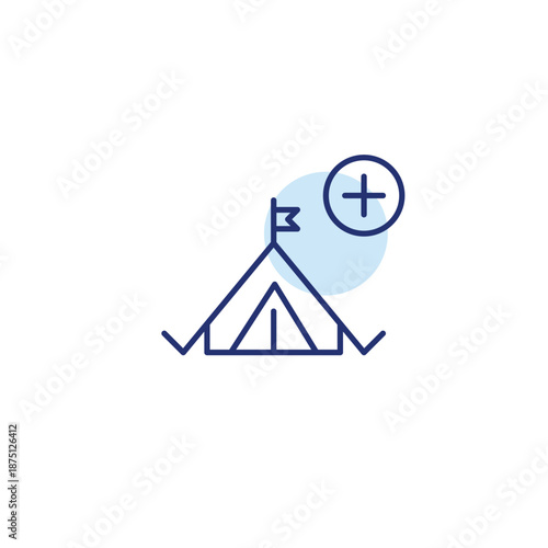 Camping tent and plus symbol. Outdoor trip preparation, new places added. Pixel perfect, editable stroke vector icon