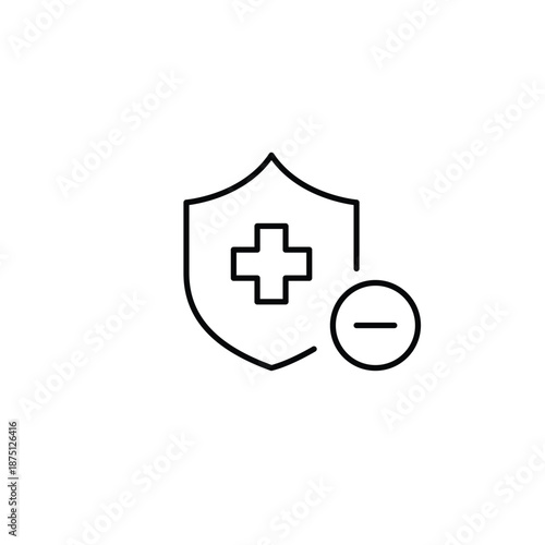 Health insurance shield and minus. Policy ended, protection not renewed. Pixel perfect, editable stroke vector icon