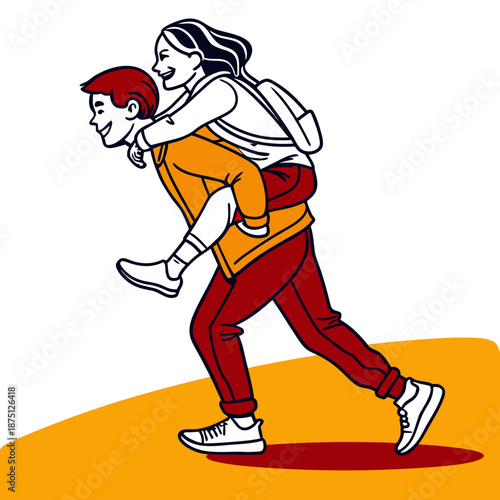 Cheerful young couple enjoying a playful piggyback ride together while hiking outdoors illustrating fun outdoor recreation and supportive companionship during adventure activities.