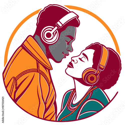 Black couple wearing retro headphones sharing an intimate moment surrounded by a bright orange circular frame emphasizing connection and modern romance.