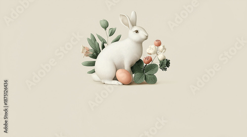 White bunny with eggs and flowers sits on beige minimal background.