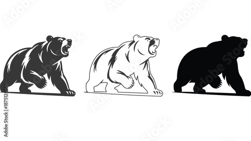 A set of aggressive bear silhouettes in different shades of black and white