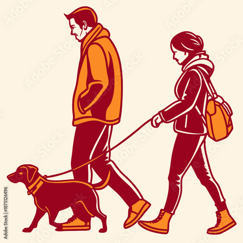 Couple walks side by side on a leash with a dark brown dog between them on a light cream background.
