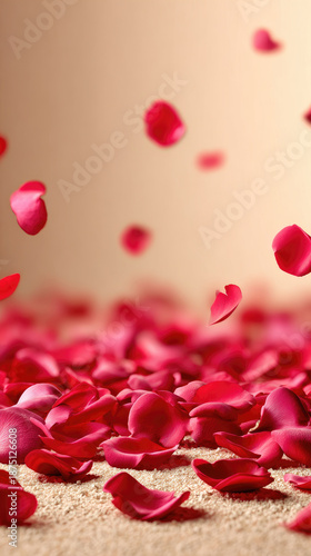Falling Red Rose Petals on Beige