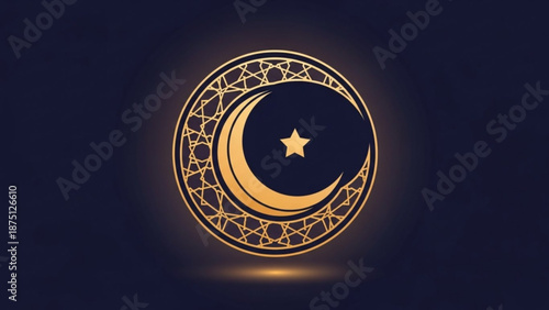Crescent moon and star symbol glowing with intricate patterns on a dark background illustration