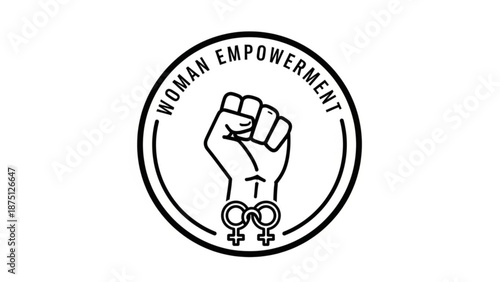 A circular icon featuring a raised fist with interlocked gender symbols, symbolizing woman empowerment