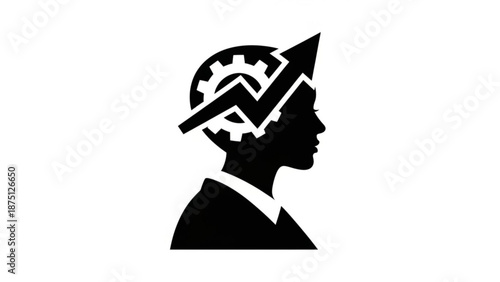 Silhouette of a person with a gear and arrow graphic overlay on the head, symbolizing innovation and progress.
