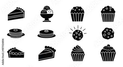 Assorted sweet treats and desserts in black and white