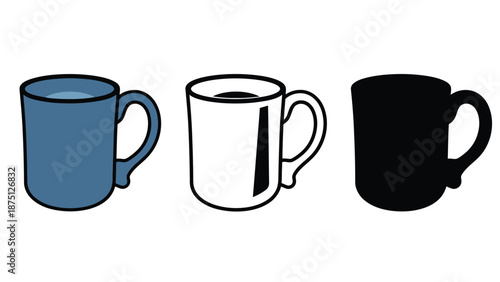 Three different colored coffee mugs on a white background illustration