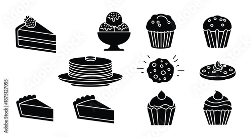 Assorted sweet treats and desserts in black and white