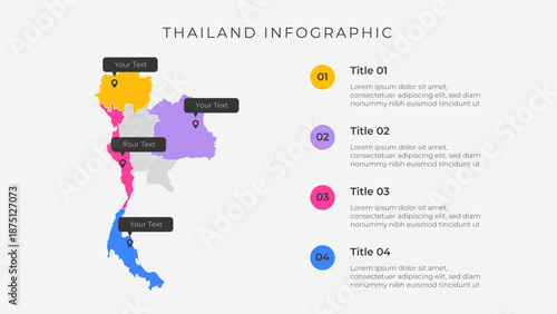 Thailand map infographic template with 4 options. Thailand administrative map infographic for presentation.