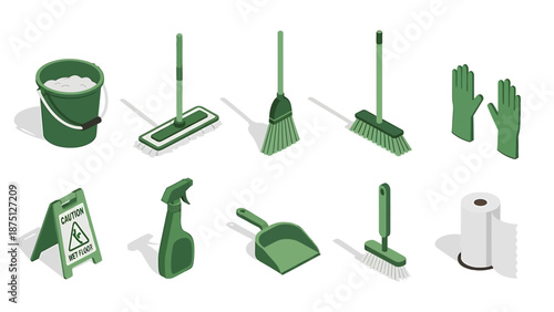 Isometric Cleaning Supplies and Equipment Set for Household Chores.