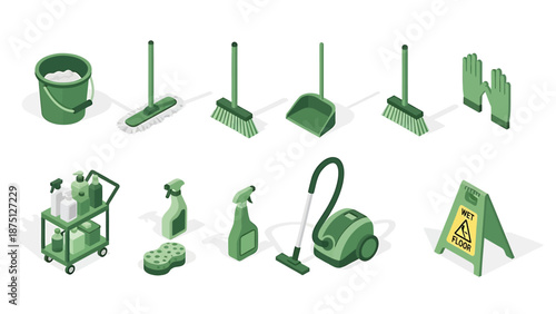 Isometric Cleaning Supplies and Equipment for Professional Janitorial Services.