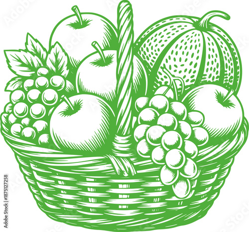 Black and line basket filled with apples grapes and melon leaves