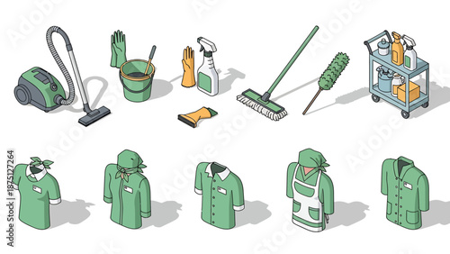 Isometric Cleaning Supplies and Uniforms for Professional Housekeeping Services.