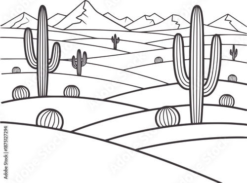 Black and line of desert landscape with cacti and mountains