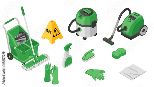 Isometric Cleaning Equipment Set for Professional and Home Use.
