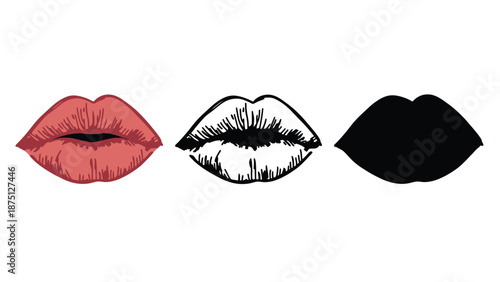 A graphic illustration of three different colored lips on a white background