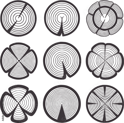 Concentric circular patterns with varying radial cuts in monochrome style