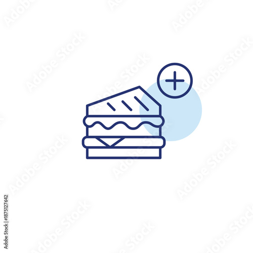 Add meal to order. Sandwich and plus symbol. Extra food, new positions on the menu. Pixel perfect, editable stroke vector icon