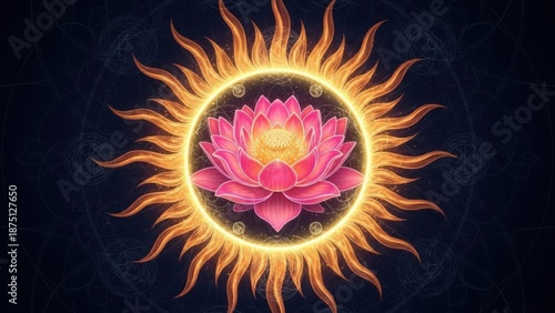 Vibrant pink lotus flower surrounded by glowing sun rays
