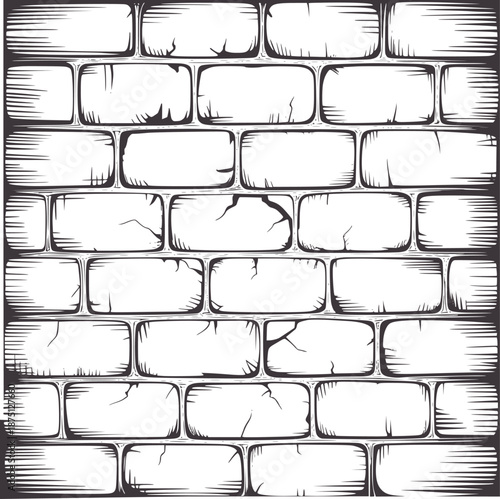 Detailed black and hand drawn brick wall texture with cracks and shading bricks