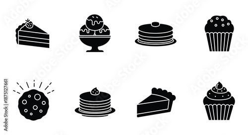 Assorted sweet treats and desserts in black and white