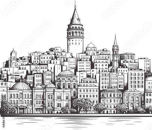 Detailed black and line skyline of Istanbul with Galata Tower buildings